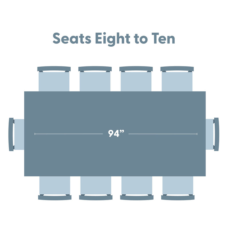 Top-down diagram of a 94-inch rectangular dining table with seating for 8–10 people, showing chair placement and recommended dining room table dimensions.