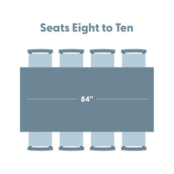 Top-down diagram of an 84-inch rectangular dining table with seating for 8–10 (four chairs per side, optional end chairs), showing chair placement and spacing