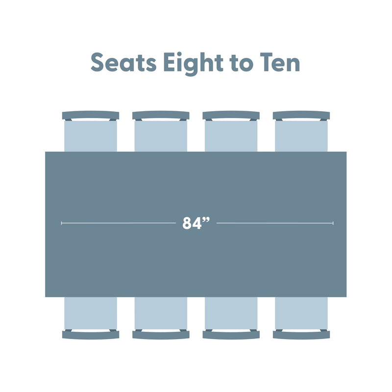 Top-down diagram of an 84-inch rectangular dining table with seating for 8–10 (four chairs per side, optional end chairs), showing chair placement and spacing