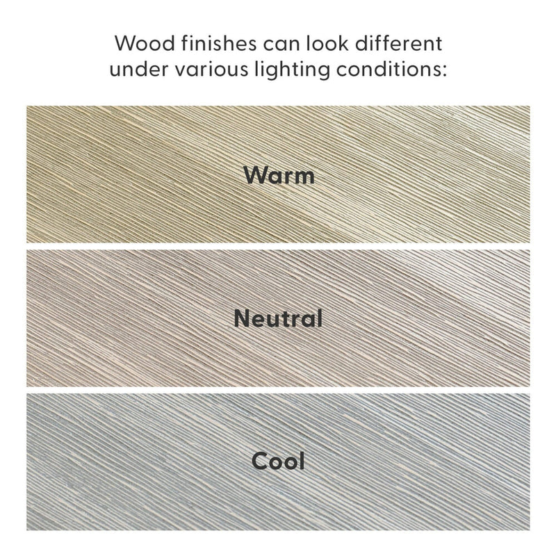 Three wood finish samples labeled Warm, Neutral, and Cool showing wood grain and how different lighting conditions change color and tone.
