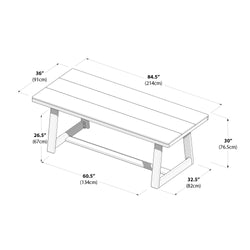 Plank-top wood dining table with trestle base — dimensions 84.5" L x 36" W x 30" H (214 x 91 x 76.5 cm), 60.5" inner leg span and 32.5" leg depth.