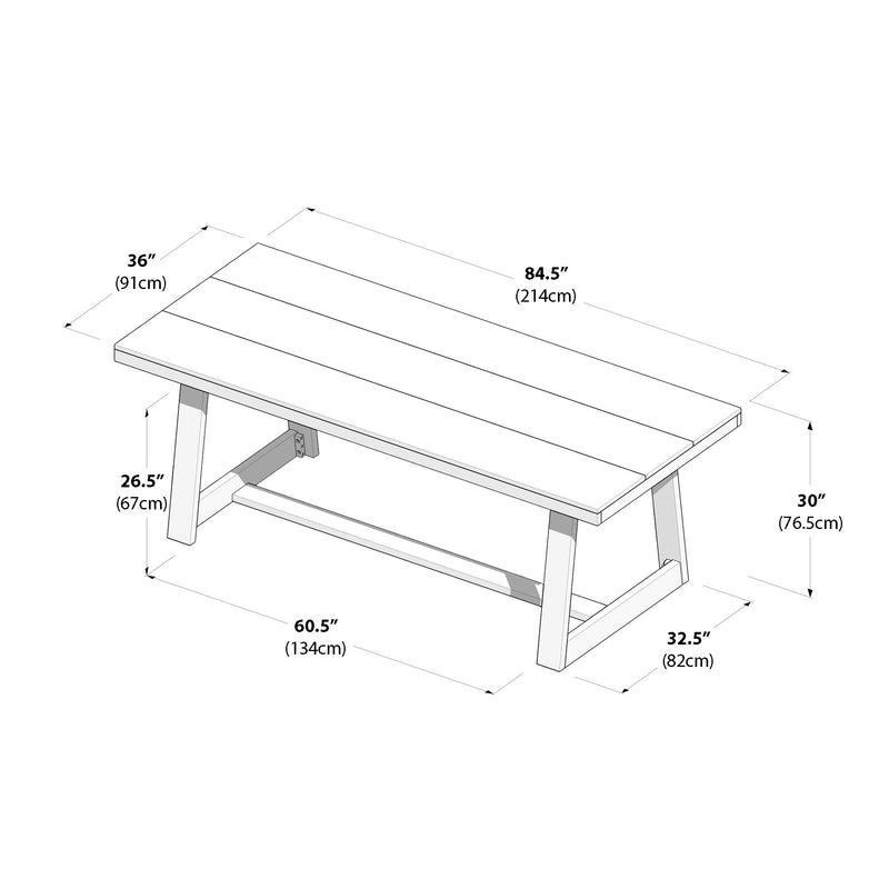 Plank-top wood dining table with trestle base — dimensions 84.5" L x 36" W x 30" H (214 x 91 x 76.5 cm), 60.5" inner leg span and 32.5" leg depth.