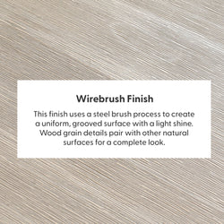 Wirebrush finish wood texture — close-up of light-toned, grooved wire-brushed wood grain with subtle shine; label explains steel-brush process for a uniform surface that pairs with natural surfaces.
