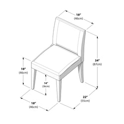 Isometric line drawing of an upholstered dining chair showing dimensions (in inches and cm): overall height 34″ (87 cm), seat height 18″ (46 cm), seat width 18″ (46 cm), seat depth 14″ (36 cm), overall depth 22″ (55 cm)