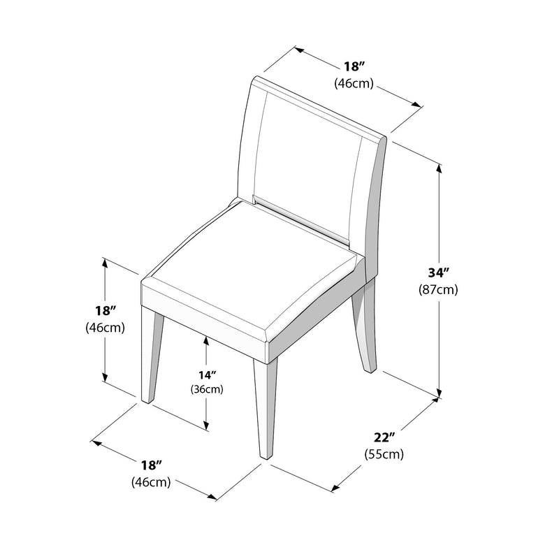 Isometric line drawing of an upholstered dining chair showing dimensions (in inches and cm): overall height 34″ (87 cm), seat height 18″ (46 cm), seat width 18″ (46 cm), seat depth 14″ (36 cm), overall depth 22″ (55 cm)