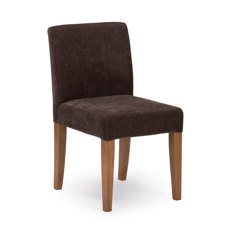 Brown upholstered armless dining chair with wooden legs, modern accent chair on white background