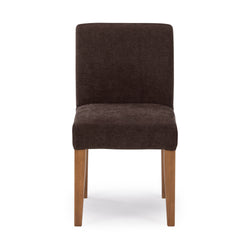 Brown fabric upholstered dining chair with high back and oak wooden legs, modern Parsons-style seat on white background
