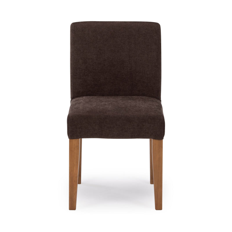 Brown fabric upholstered dining chair with high back and oak wooden legs, modern Parsons-style seat on white background