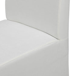 Close-up of white upholstered dining chair seat and back with stitched seam, linen-look fabric slipcover