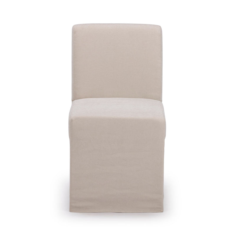 Beige upholstered armless dining chair with skirted slipcover, linen-look fabric Parsons-style side chair