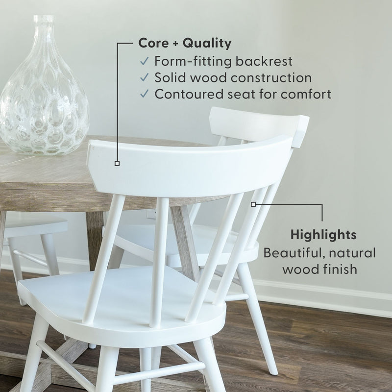 White wooden chair and dining table set with form-fitting backrest and natural wood finish.