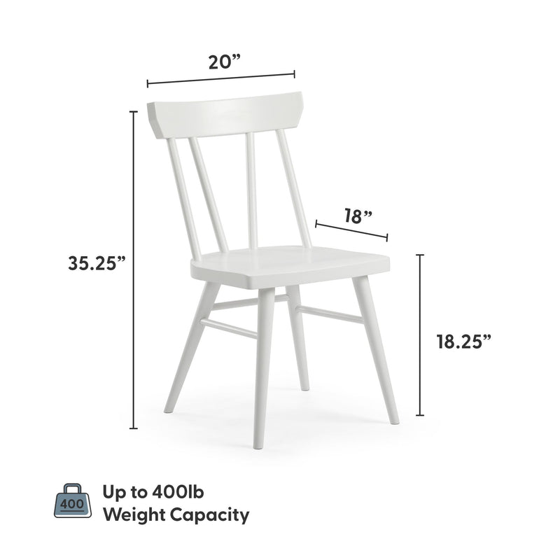 White wooden spindle-back dining chair with 35.25 in overall height, 18.25 in seat height, 20 in back width, 18 in seat depth, modern farmhouse style, supports up to 400 lb weight capacity