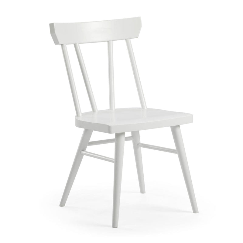 White wooden dining chair with spindle backrest and angled legs.