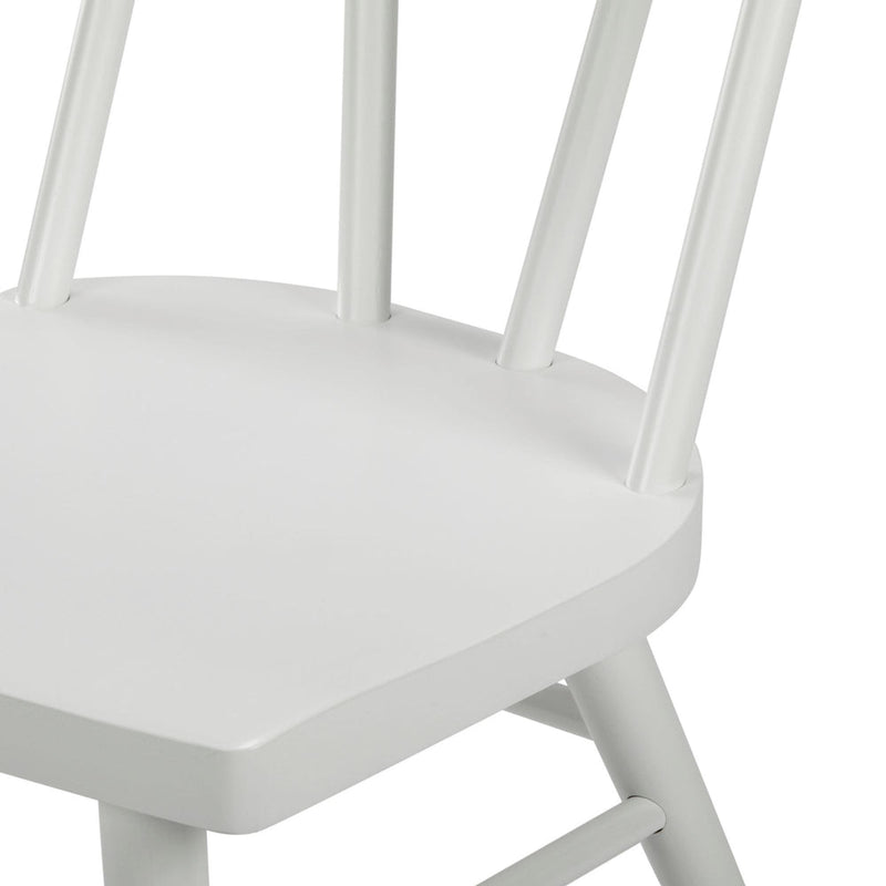White wooden chair with smooth seat and spindle back design.