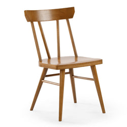 Mid-century style wooden dining chair with spindle back, tapered legs, and warm natural wood finish