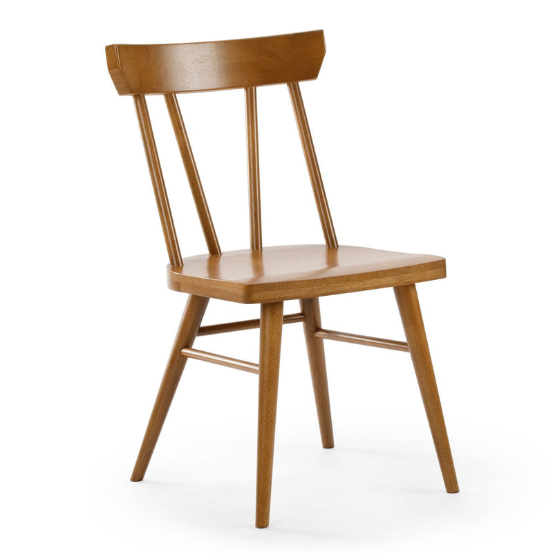 Mid-century style wooden dining chair with spindle back, tapered legs, and warm natural wood finish
