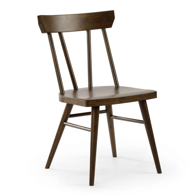 Wooden dining chair with a dark brown finish and a minimalist design.