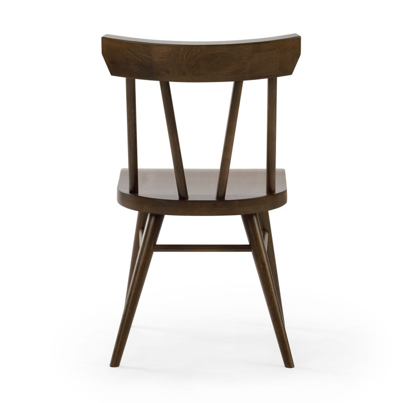 Brown wooden chair with a curved back and spindle design, perfect for dining room or office settings.