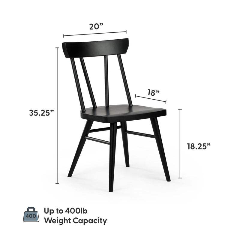 Matte black wooden spindle-back dining chair, 20" back width, 18.25" seat height, 35.25" overall height, 400 lb weight capacity