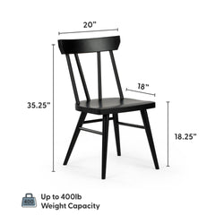 Black wooden dining chair with measurements: 35.25 inches tall, 18 inches deep, 20 inches wide; supports up to 400 lbs.