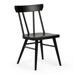 Black modern wooden chair with minimalist design and angled legs in a light studio background.