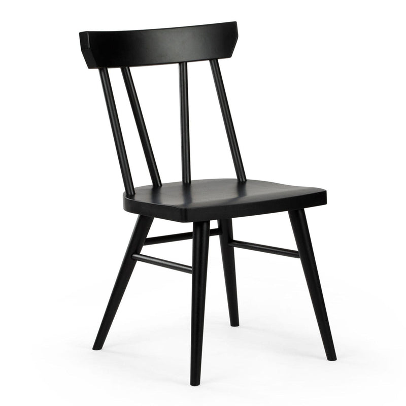 Black modern wooden chair with minimalist design and angled legs in a light studio background.