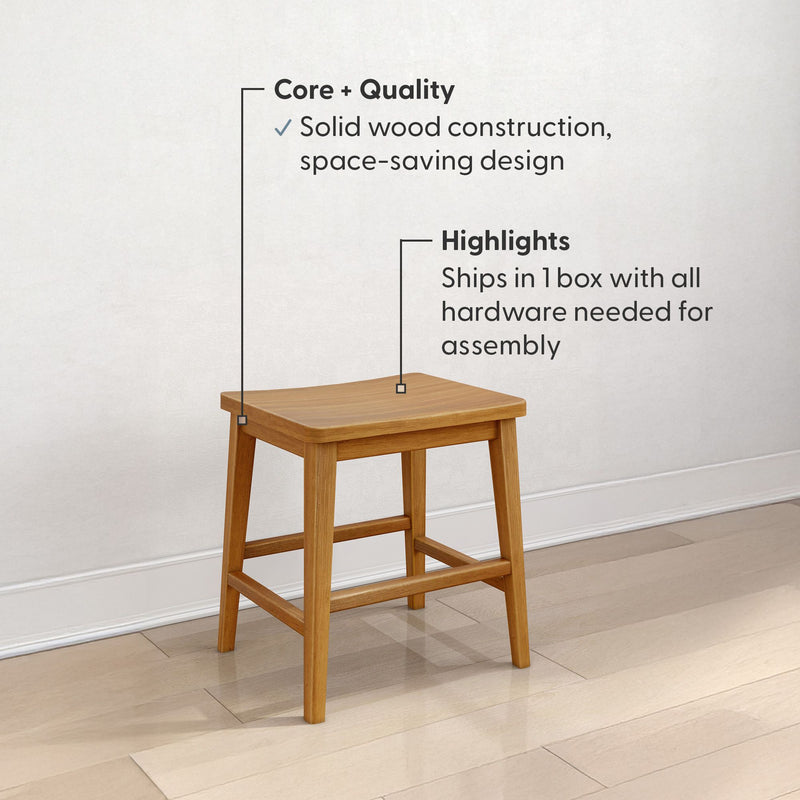 Wooden stool with solid wood construction and space-saving design, featuring easy assembly with included hardware.