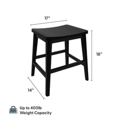 Black wooden stool – 18-inch height, 17-inch contoured seat width, 14-inch depth; sturdy modern kitchen or vanity stool with footrest and up to 400 lb weight capacity