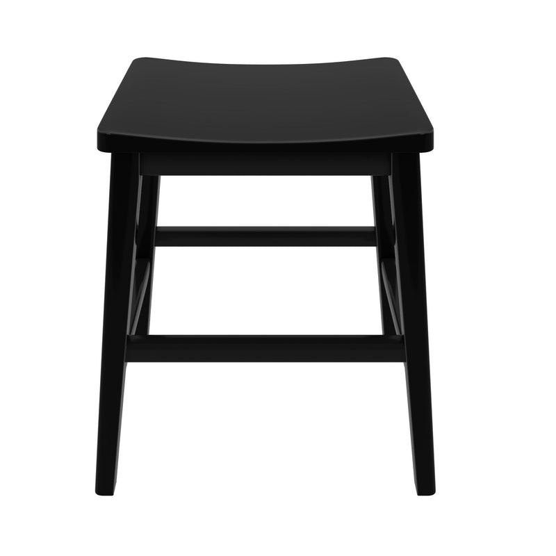 Front view of a modern black stool with curved seat and crossbar supports on a white background