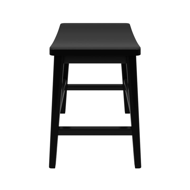 Front view of a modern black wooden backless bar stool with rectangular seat and footrest on white background