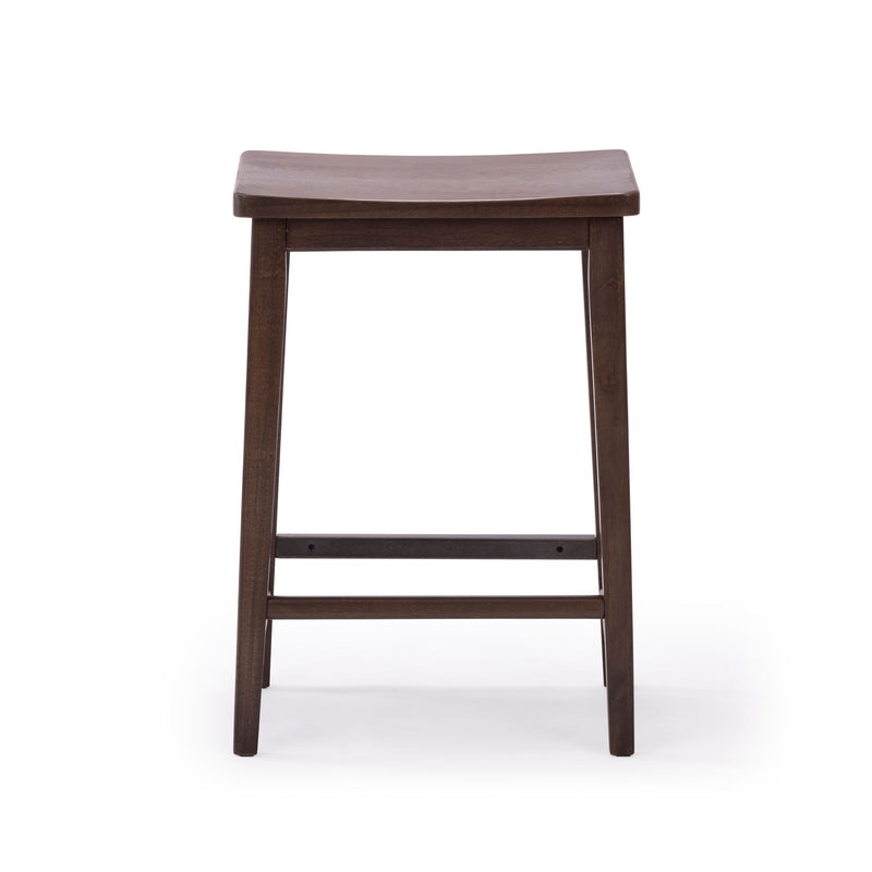 Wooden bar stool with dark finish and curved seat design on a white background.