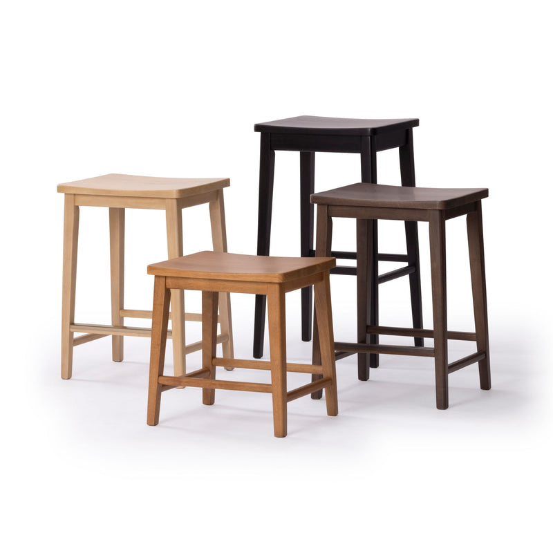Set of four wooden stools in different finishes: light wood, black, walnut, and brown.