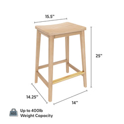 Wooden bar stool with a 400 lb weight capacity, measuring 25 inches high, 15.5 inches wide, and 14.25 inches deep.