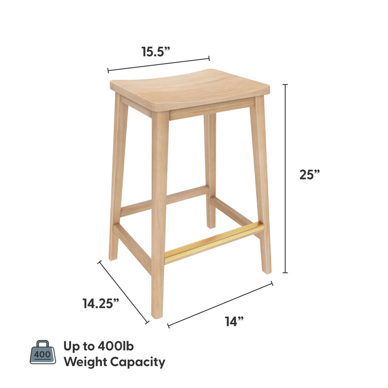 Wooden bar stool with a 400 lb weight capacity, measuring 25 inches high, 15.5 inches wide, and 14.25 inches deep.