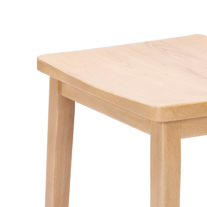 Natural wooden stool with minimalist square seat and sturdy legs.