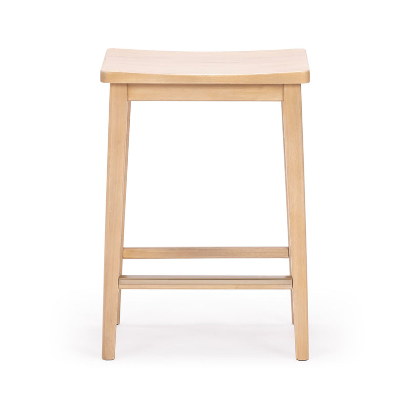 Natural wood bar stool with a minimalist design and curved seat.