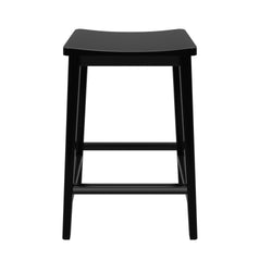 Black wooden bar stool with a flat seat and sturdy legs.
