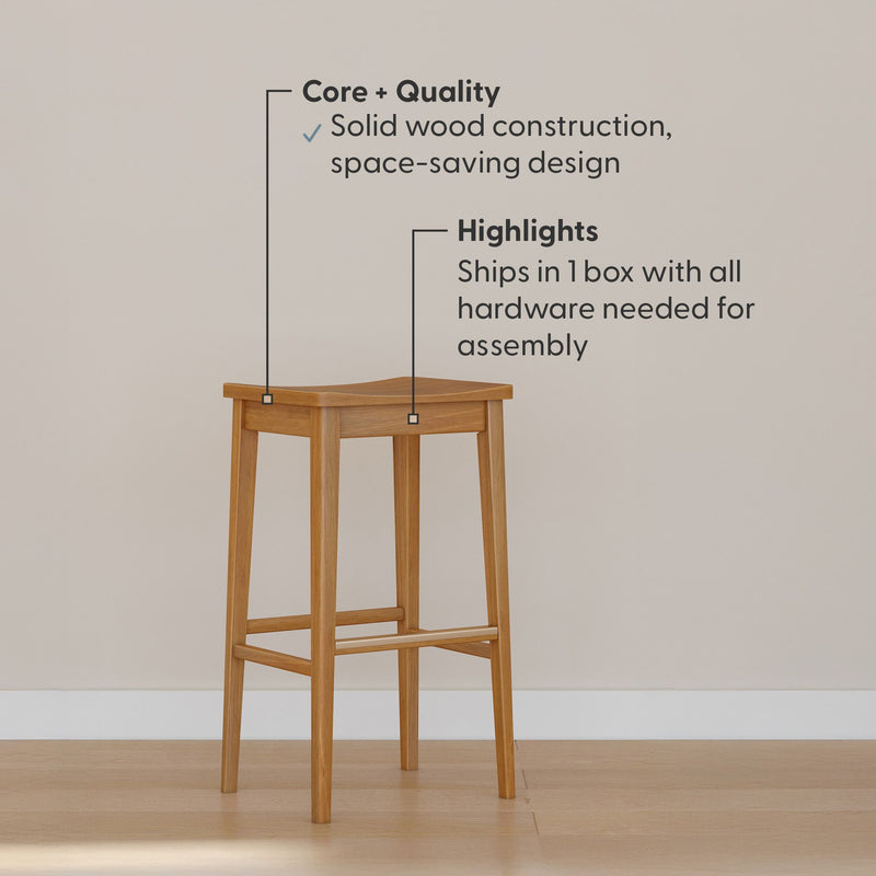 Solid wood bar stool with space-saving design, easy assembly, and durable construction.