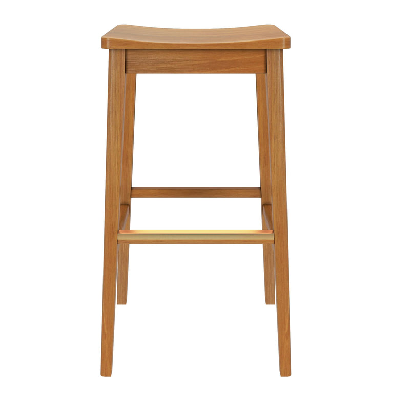 Wooden bar stool with natural finish, sleek design, and sturdy construction.