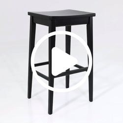 Black wooden bar stool against a white background with a play button overlay.