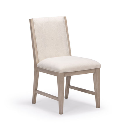Modern beige upholstered dining chair with light oak frame and boucle fabric, side view on white background