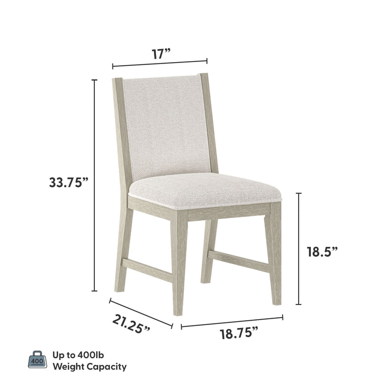 Wooden dining chair with fabric upholstery, dimensions 33.75x21.25x18.5 inches, 17-inch seat width, 400lb weight capacity.