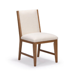 Modern white bouclé upholstered dining chair with oak wood frame, padded seat and back, tapered legs — stylish mid-century dining room chair