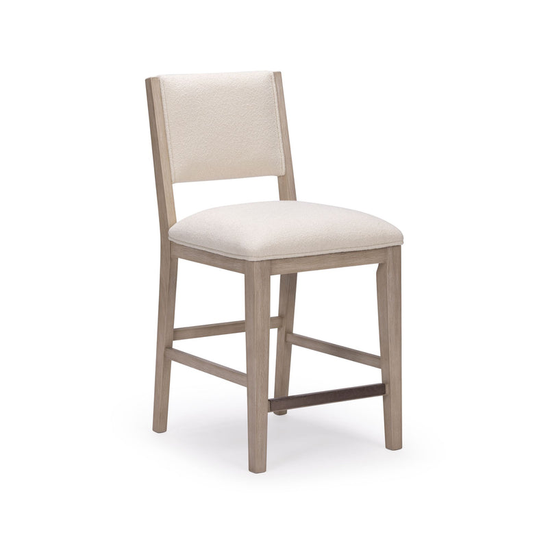 Modern wooden chair with upholstered seat in light beige fabric, ideal for dining rooms and kitchens.