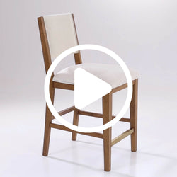 Mid-century modern counter-height wooden bar stool with light beige upholstered seat and back, oak-finish frame and footrest — ideal kitchen island or home bar chair (video preview play icon)