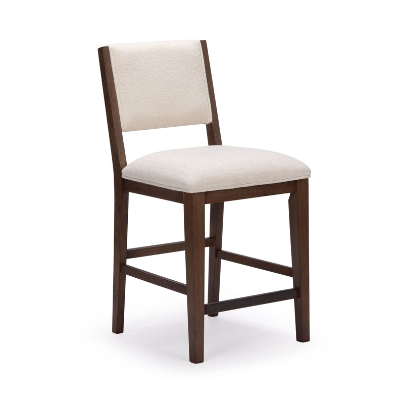 Cream upholstered counter-height bar stool with padded seat and back and dark walnut wooden frame — modern dining or kitchen island seating
