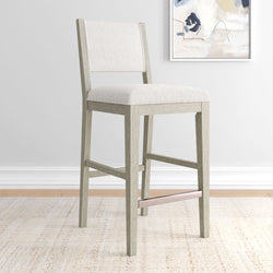 Modern gray wood bar stool with cushioned seat and backrest in a minimalist living space.