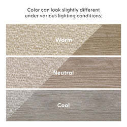 Beige carpet and wood flooring swatches showing warm, neutral, and cool lighting color variations