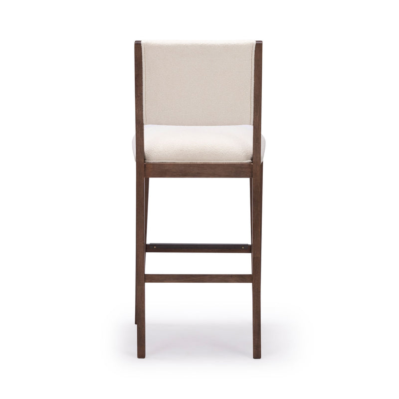 Tall wooden bar stool with beige cushioned seat and backrest, ideal for modern kitchen and dining decor.