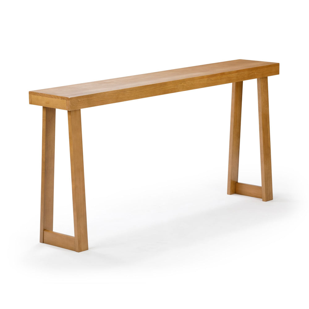 Modern wooden console table with minimalist design and trapezoid legs.